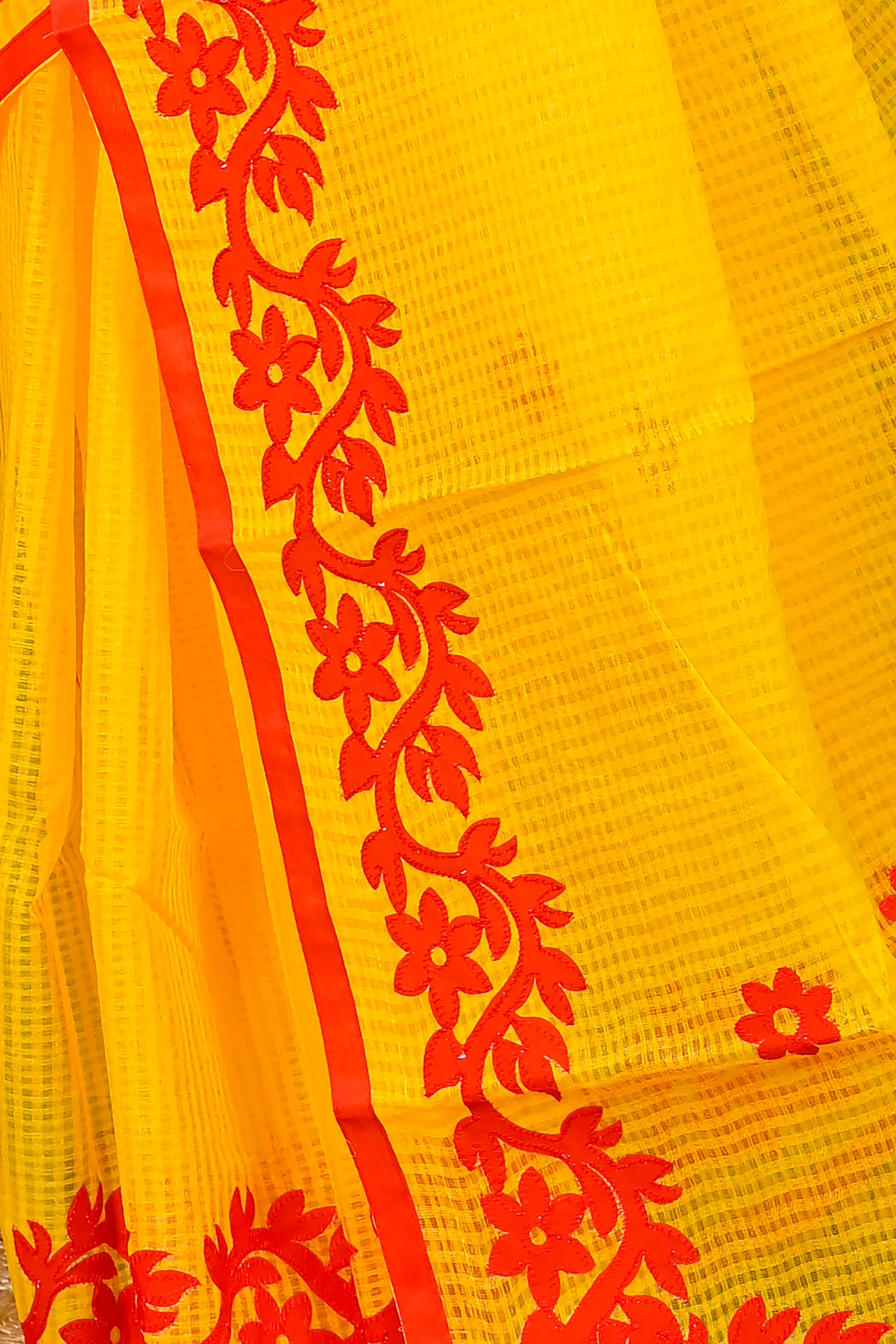 Yellow Red Kota Cotton Parvani Applique Saree (569)